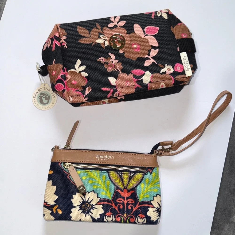 Spartina 449 Cosmetic Case Wristlet 2 Pc Bundle Multi Floral Linen Leather
